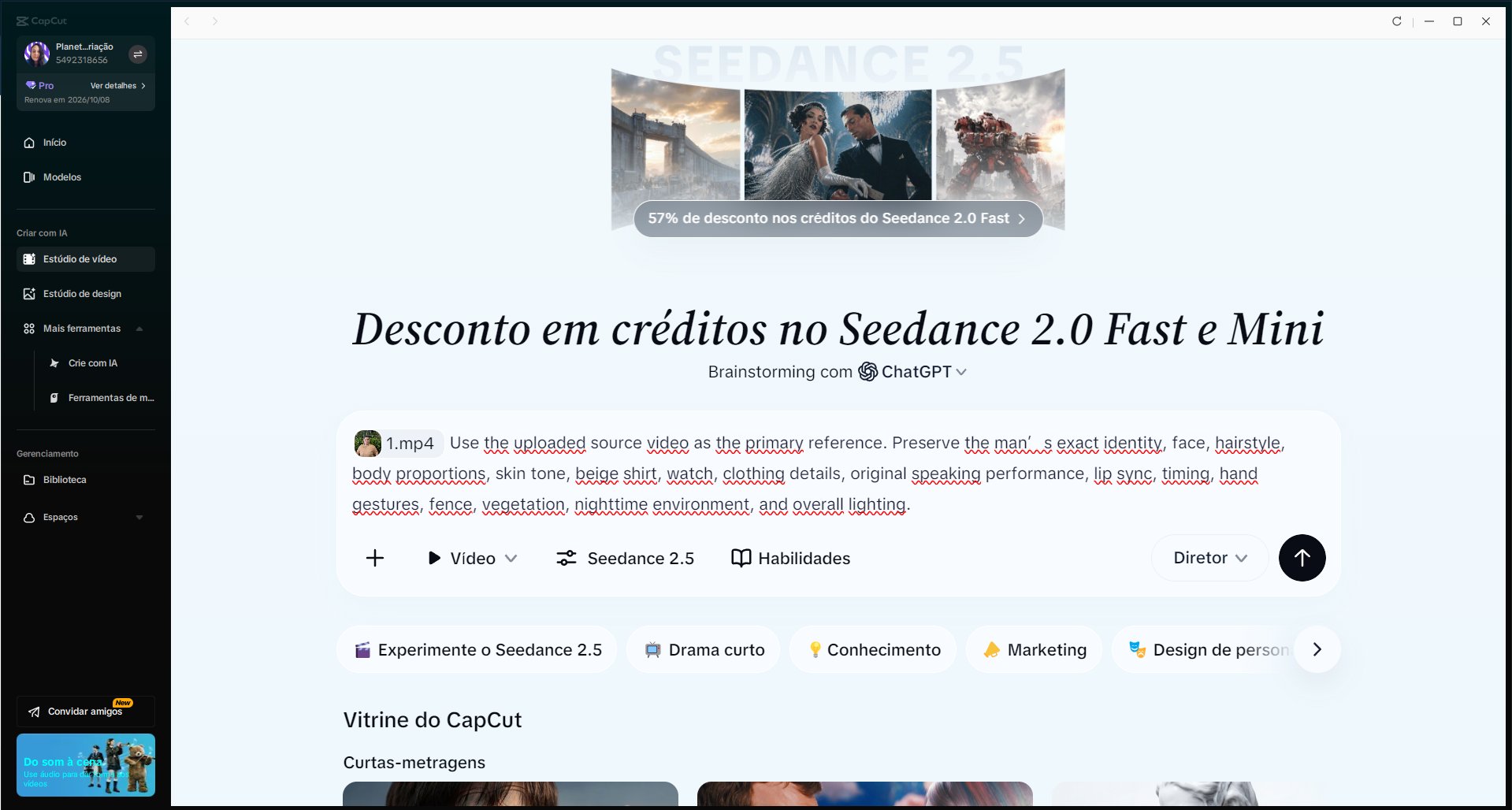 Painel de criação com o Seedance 2.5, vídeo de referência e prompt